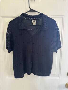 CLIO Crochet Knit Top Open Weave Short Sleeve Button up